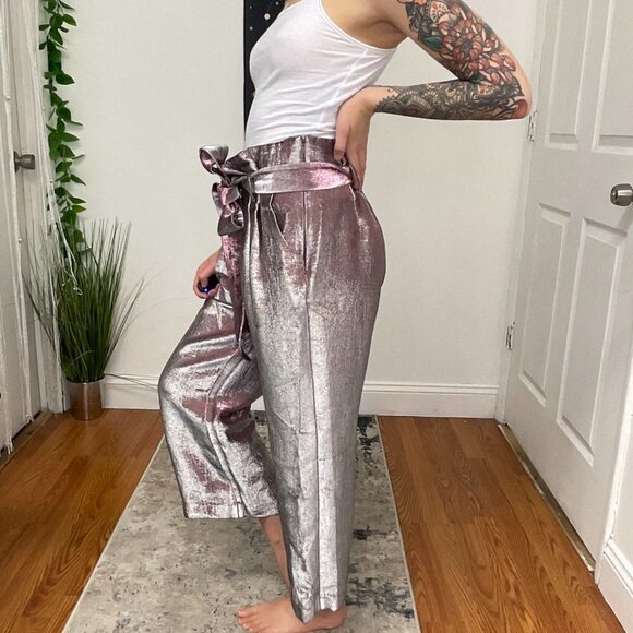 Badgley Mischka Metallic Cropped Trousers Pants Tie-Waist Size 2 Gray - Picture 4 of 8